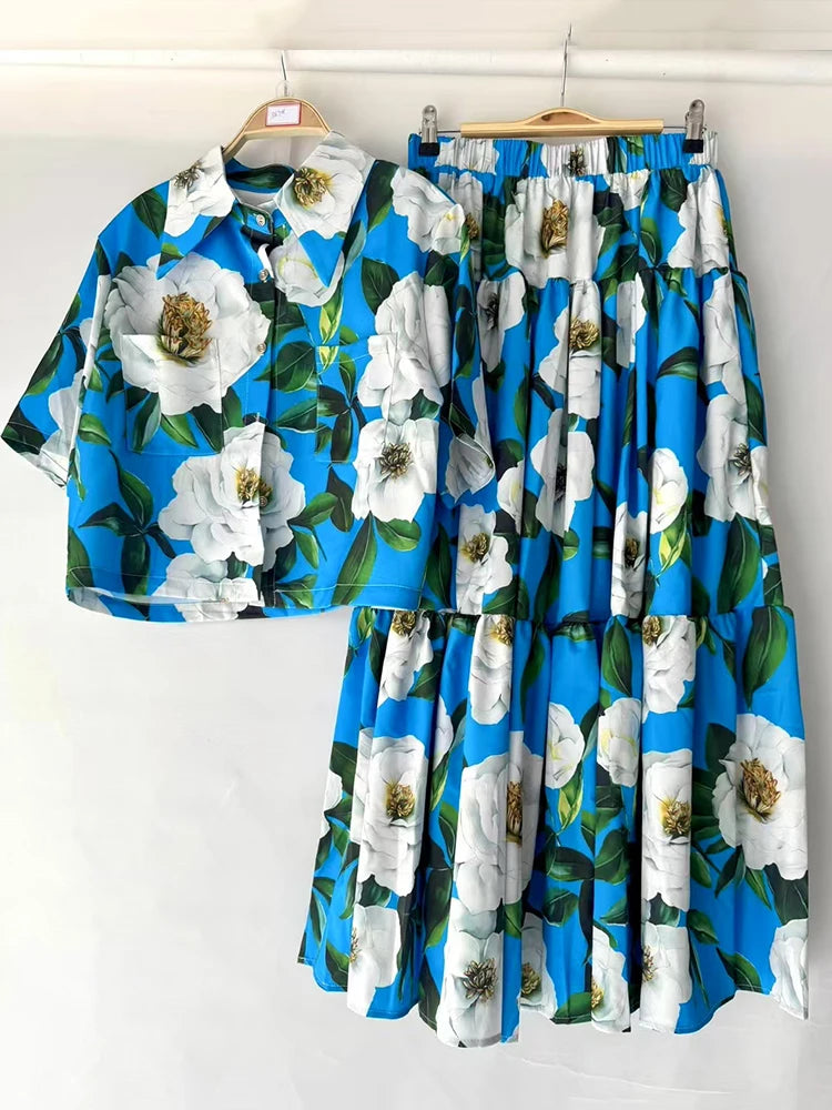 Retro print lapel short shirt two-piece set for 2026 summer women's wear+elastic waist loose pleated skirt fashion set