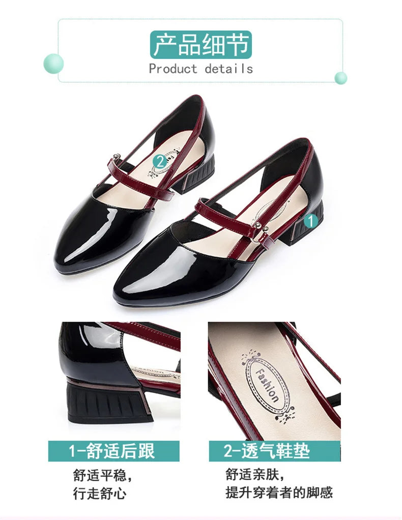 2024 Soft Leather Sandals Women Spring Summer Fashion Pointed Tip Single Shoes Low-Heel Hollow Buckle Ventilate Office Gentle