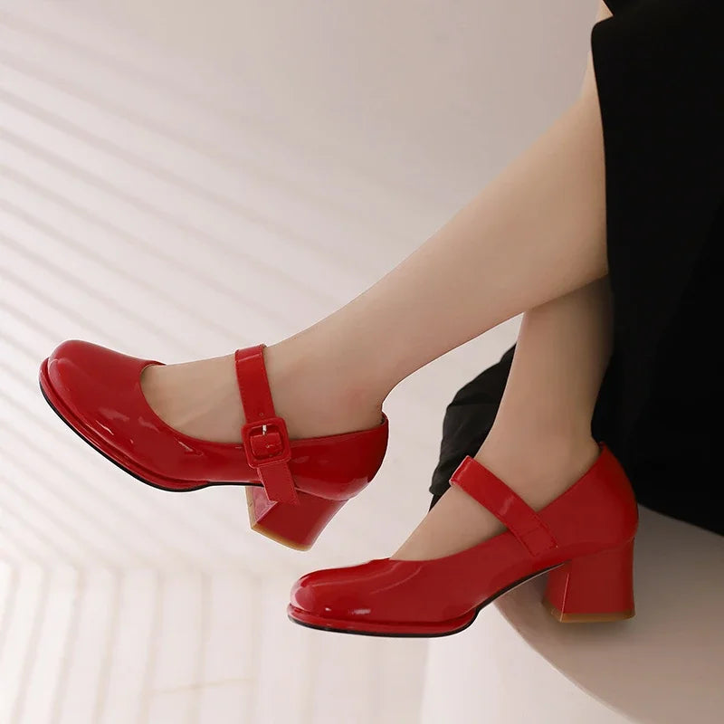 Spring Autumn Women Platform Mary Janes High Thick Heel Orange Red Patent Leather Dress Office Lady Round Toe Buckle Strap Pumps