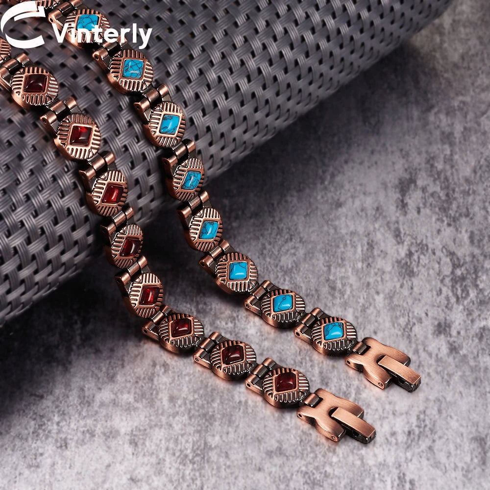 Vinterly Magnetic Bracelets Pure Copper Blue Brown Stone 22.5cm Vintage Health Energy High Magnet Jewelry Benefits Chain Links