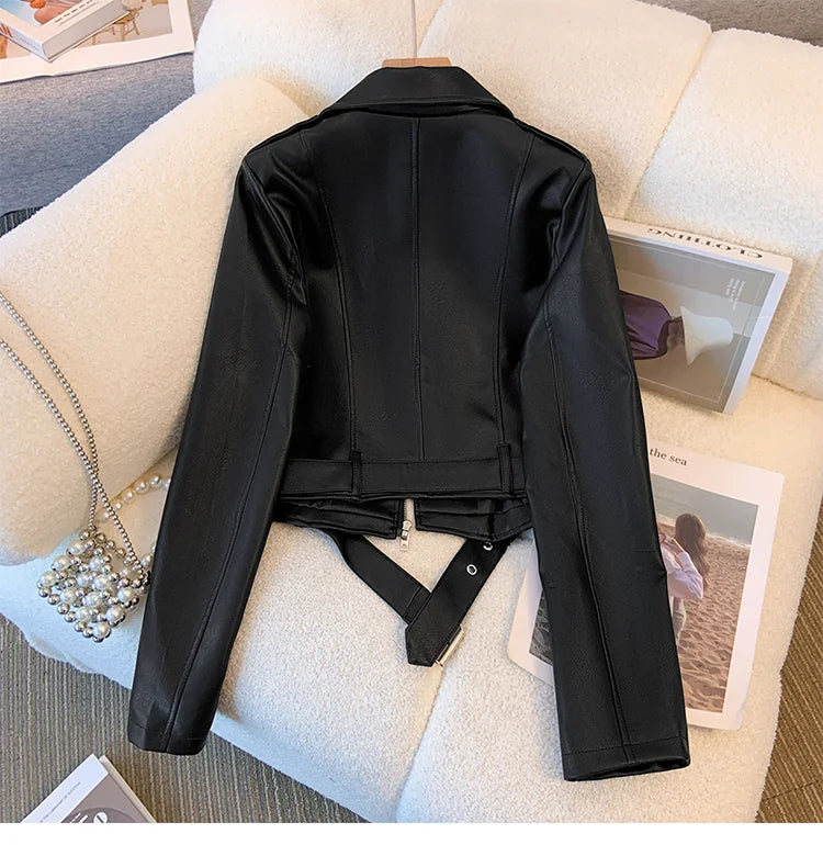 Blue PU leather jacket for women's spring autumn short Street style 2025 new retro motorcycle Leather Coat top