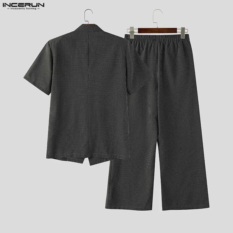 INCERUN Men Plaid Sets Lapel Short Sleeve Blazer Wide Leg Pants Two Piece Sets Streetwear Elegant 2026 Fashion Men Matching Sets