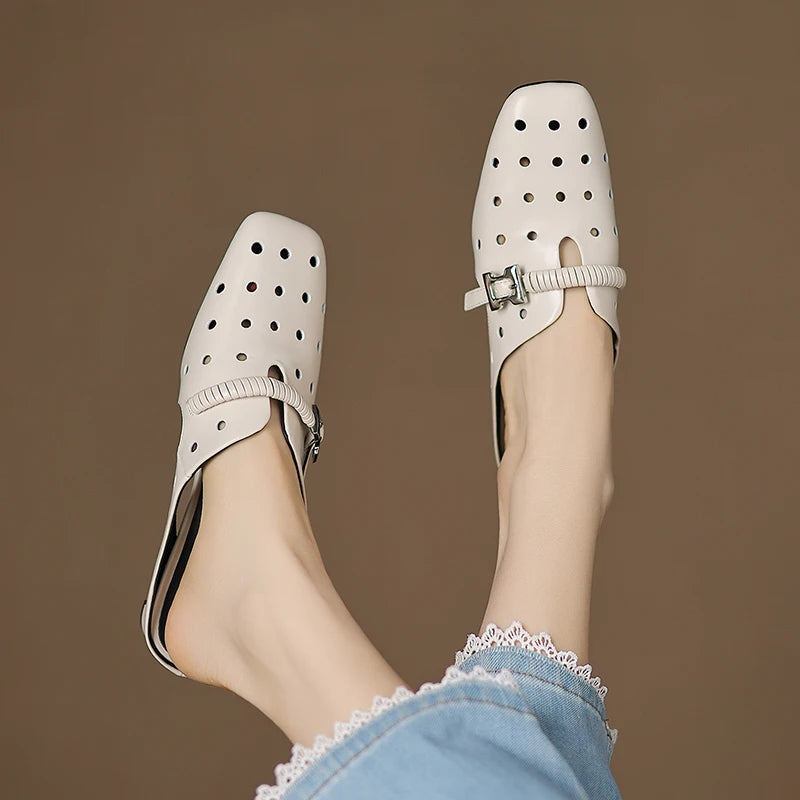 Genuine Leather Hollow Slippers Women Covered Toe Thick Heels Dating Buckle Mules Ladies Summer Leisure Slippers