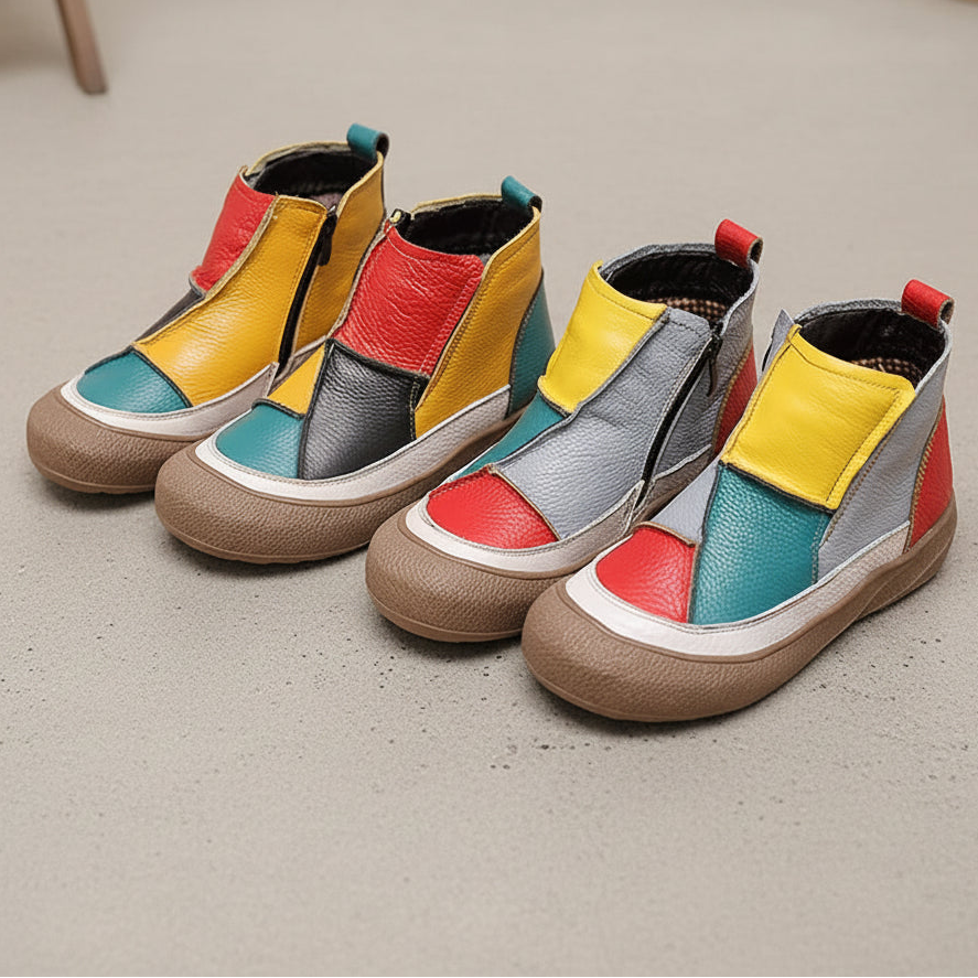 New Autumn Winter Genuine Leather Women's Shoes Zip Women Ankle Boots Handmade Color Blocked Flat Short Boots