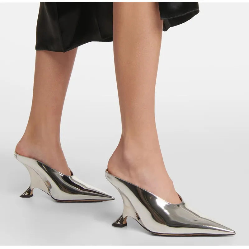 2024 New Design Fashion  Platform Wedges High Heels Mule Women Slippers Concise Shallow Pointed Toe Party Dress Ladies Shoes