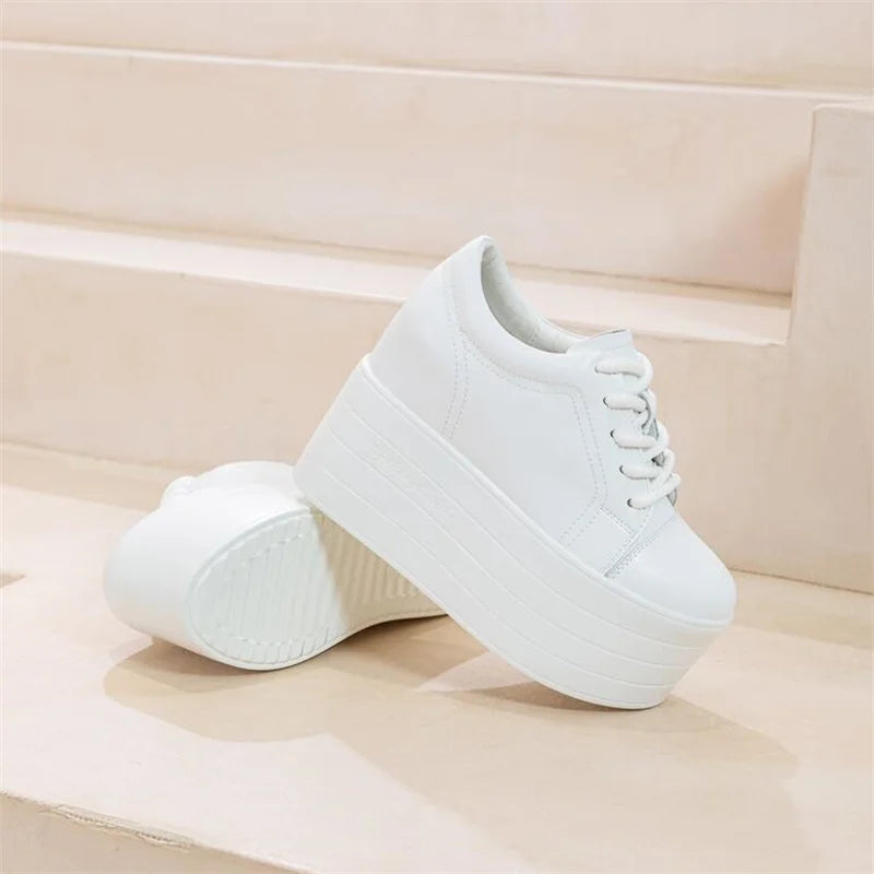 12cm Genuine Leather Platform Wedge Chunky Sneaker Hidden Heels Casual Breathable New Spring Autumn High Brand Vulcanize Shoes
