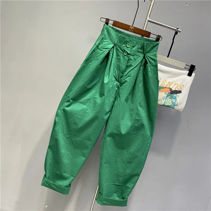 Limiguyue Street Wear Loose Cotton Harem Pants Women Spring Summer Trousers Elastic Wiast Ankle-Length Pants Two Button E392