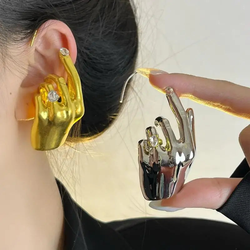 1Pcs Novelty Design Metal Hand Left Earcuff Dangle Earrings For Women Jewelry Fashion Show Statement Earrings Accessories