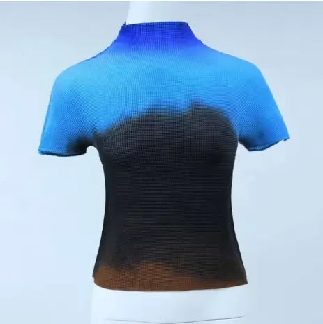 Miyake Pleated Women's Casual Tops 2026 Summer New Gradient Color Thin Stretch Half Turtleneck Short-sleeved T-shirt for Women