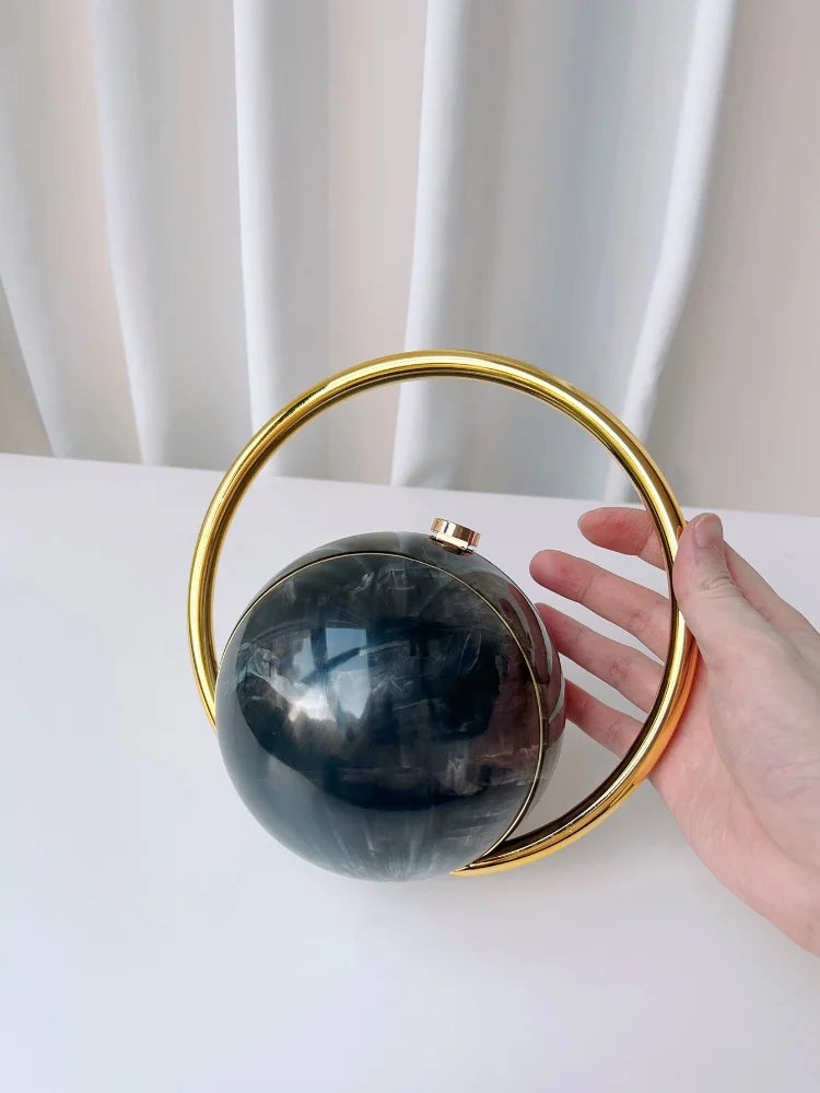 2025 New Marble Pattern Spherical Banquet Bag for Women Trendy Electroplated Handle PVC Handbags Lady Mini Purse Evening Clutch