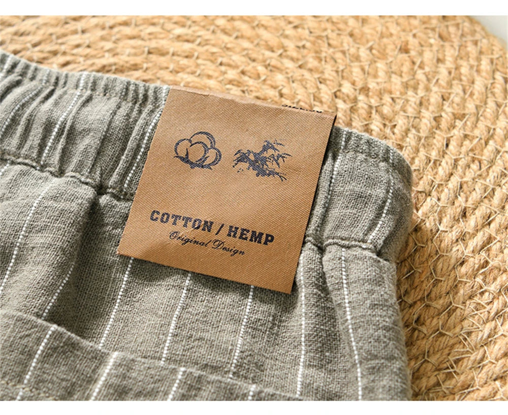 Summer cotton linen men's beach shorts loose fit breathable ramie striped straight daily causal pants for men