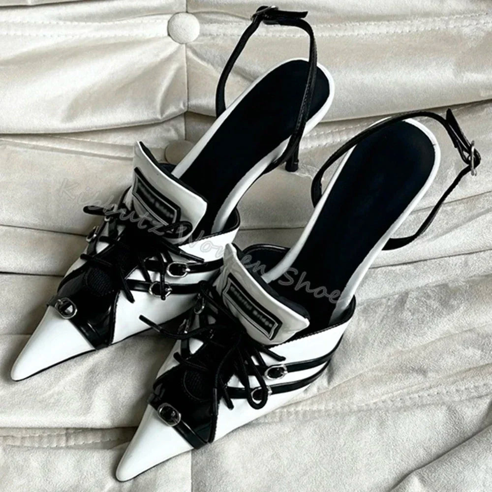 Mixed Color Pumps Lace-Up Pointed Toe Thin Heels Genuine Leather Slip-On Novelty Fashion Concise Sexy Party Women Shoes Newest