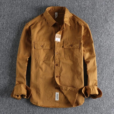 Autumn New American Retro Twill Woven Cargo Shirt Men's Fashion Pure Cotton Washed Old Long Sleeve Double Pocket Casual Blouses