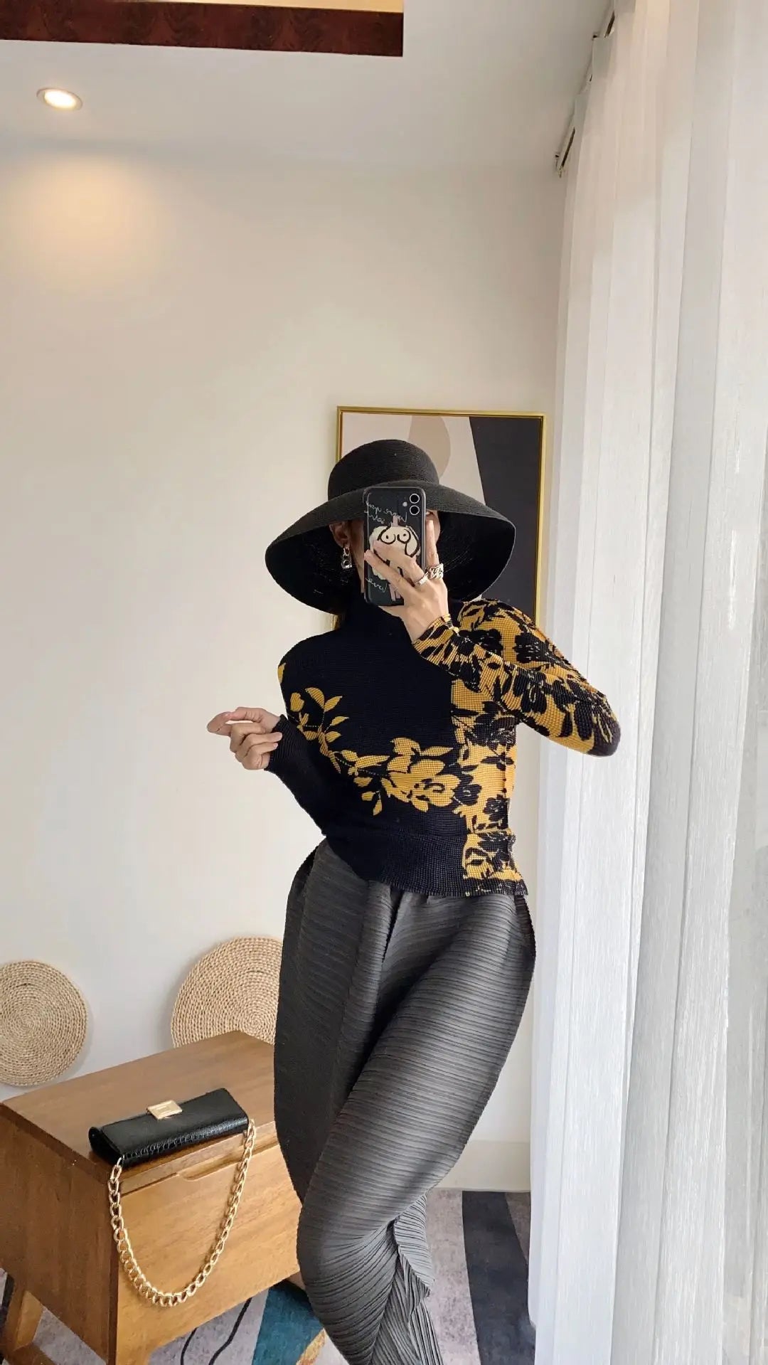 Miyake Pleated Contrasting Colors T-shirt Women Half Turtleneck Skinny Pullover 2025 Summer Fashion Female Clothing