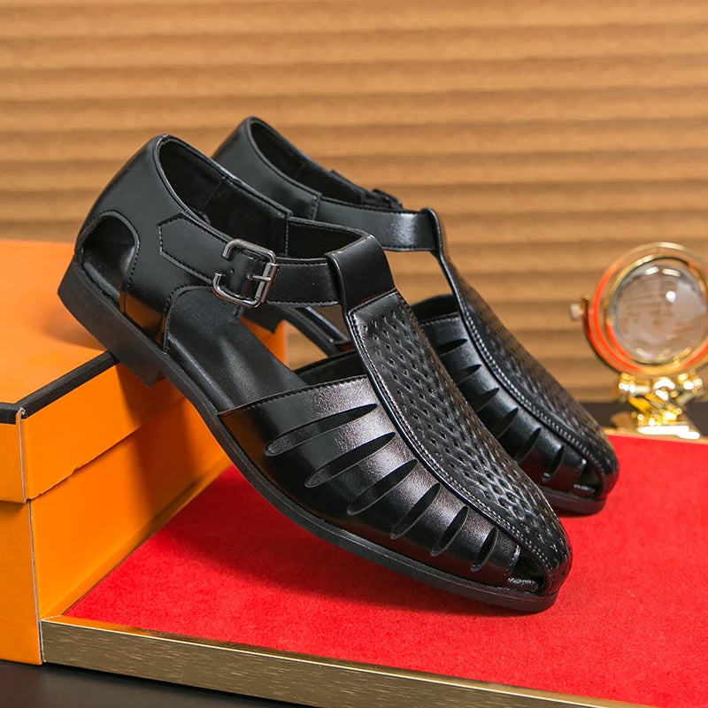 Brand's New Men's Summer Oversized Breathable Sandals Retro Pointed Men's Fashion Trend Hollowed Out Comfortable Leather Shoes