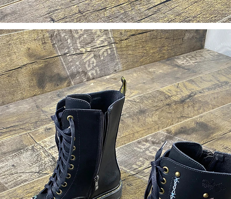 Ods Handmade Embroidery Rose Flower Retro Lace-up Mt Woman Genuine Leather Round Toe British Style Ankle Boots Big Size 40414243
