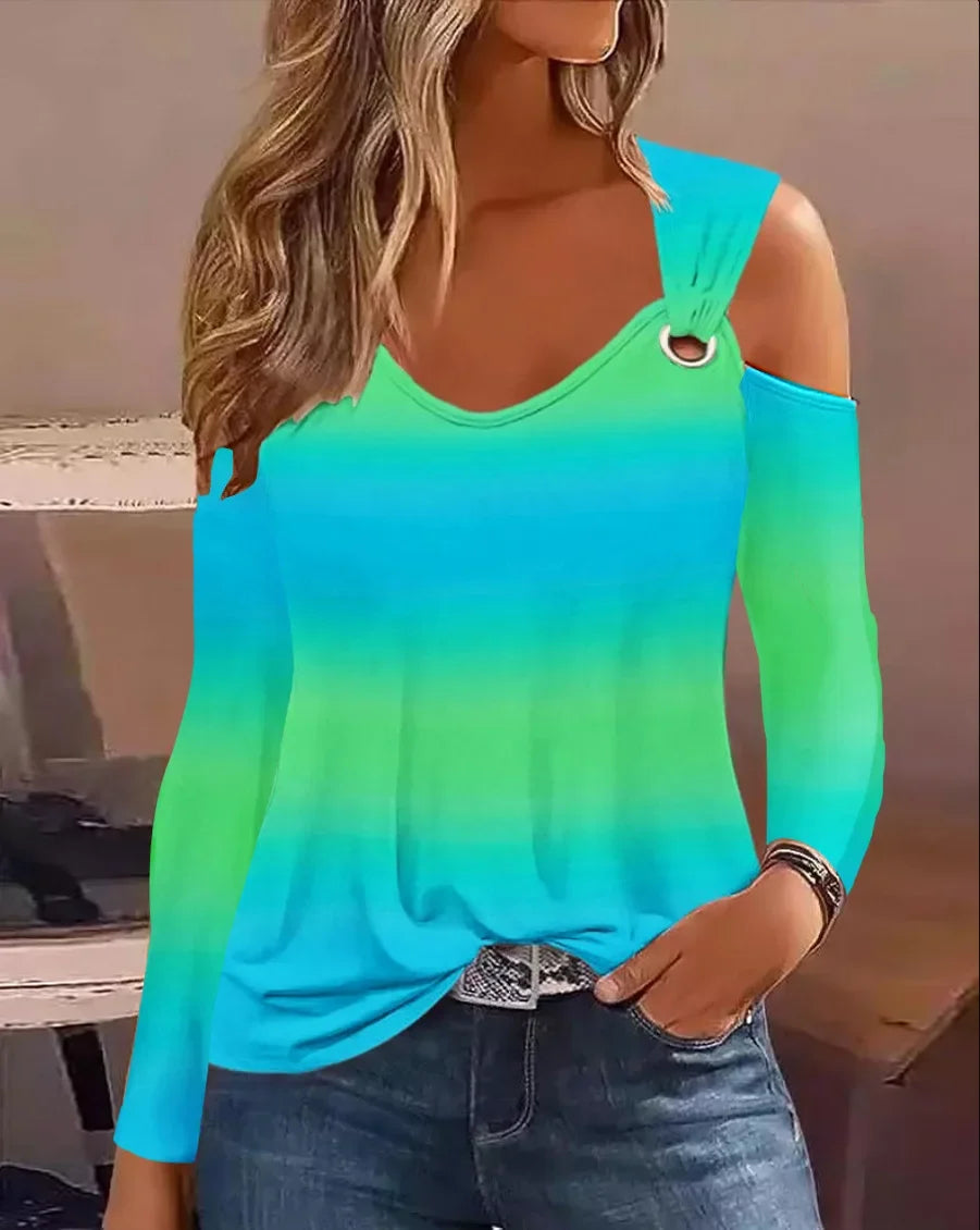 Womens Floral Print Cold Shoulder Long Sleeve Top Ring Strap V Neck Loose Casual Daily Commute Fashion Blouse