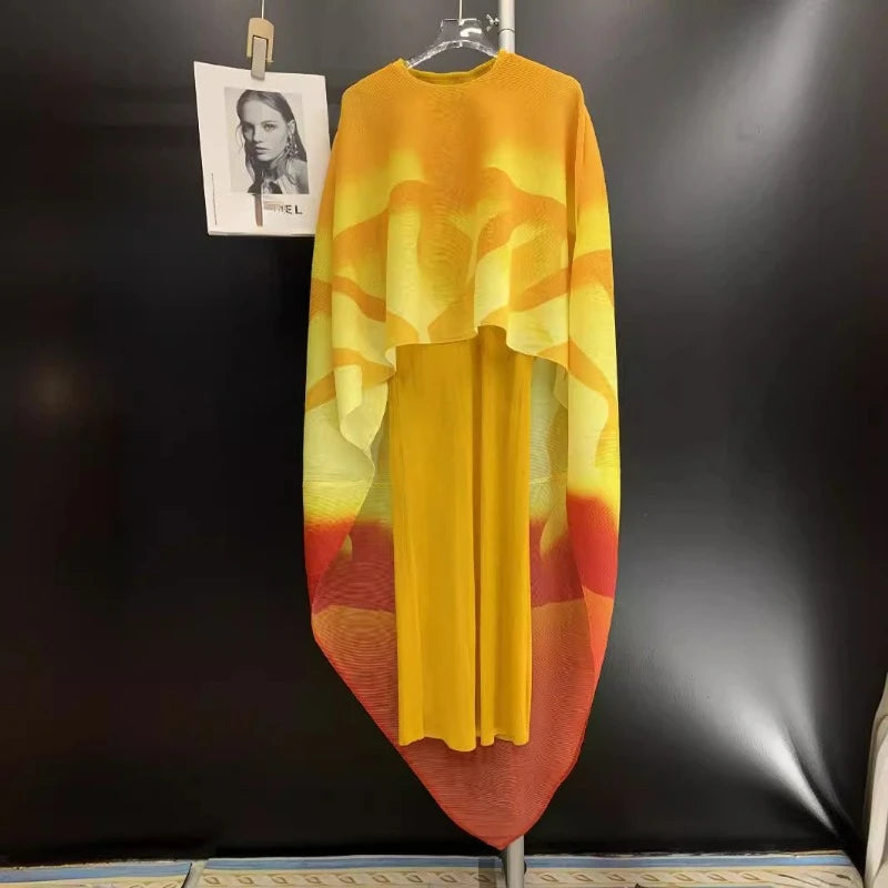 Miyake Folded Fashionable and Elegant Women's Long Skirt, Temperament Skirt, Round Neck Printed Shawl, Two Piece Dress Set