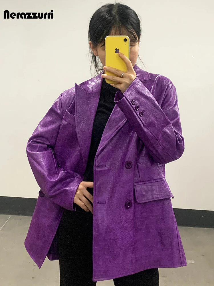 Mauroicardi Autumn Soft Luxury Matte Purple Crocodile Print Pu Leather Blazer Jacket Women Loose Casual Korean Fashion Clothes