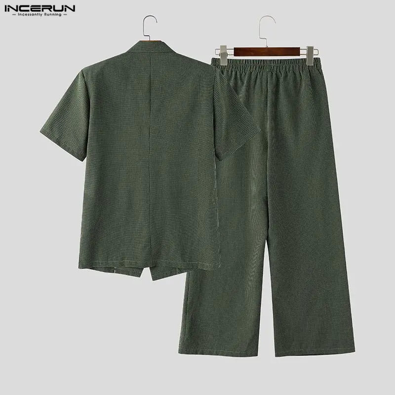 INCERUN Men Plaid Sets Lapel Short Sleeve Blazer Wide Leg Pants Two Piece Sets Streetwear Elegant 2026 Fashion Men Matching Sets