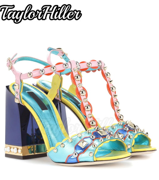 Colorful Gemstone T-strap Heeled Sandals Shallow Buckle Strap Square Heel Gladiator Heels Summer Vacation Bohemian Style Shoes