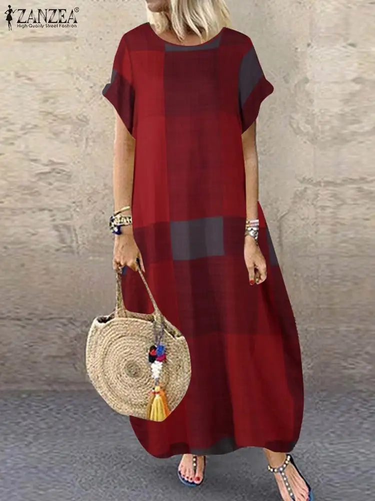 ZANZEA Bohemian Plaid Checked Sundress Summer Short Sleeve Long Dress Fashion Holiday Party Vestido Femme Casual Loose Robe 2025