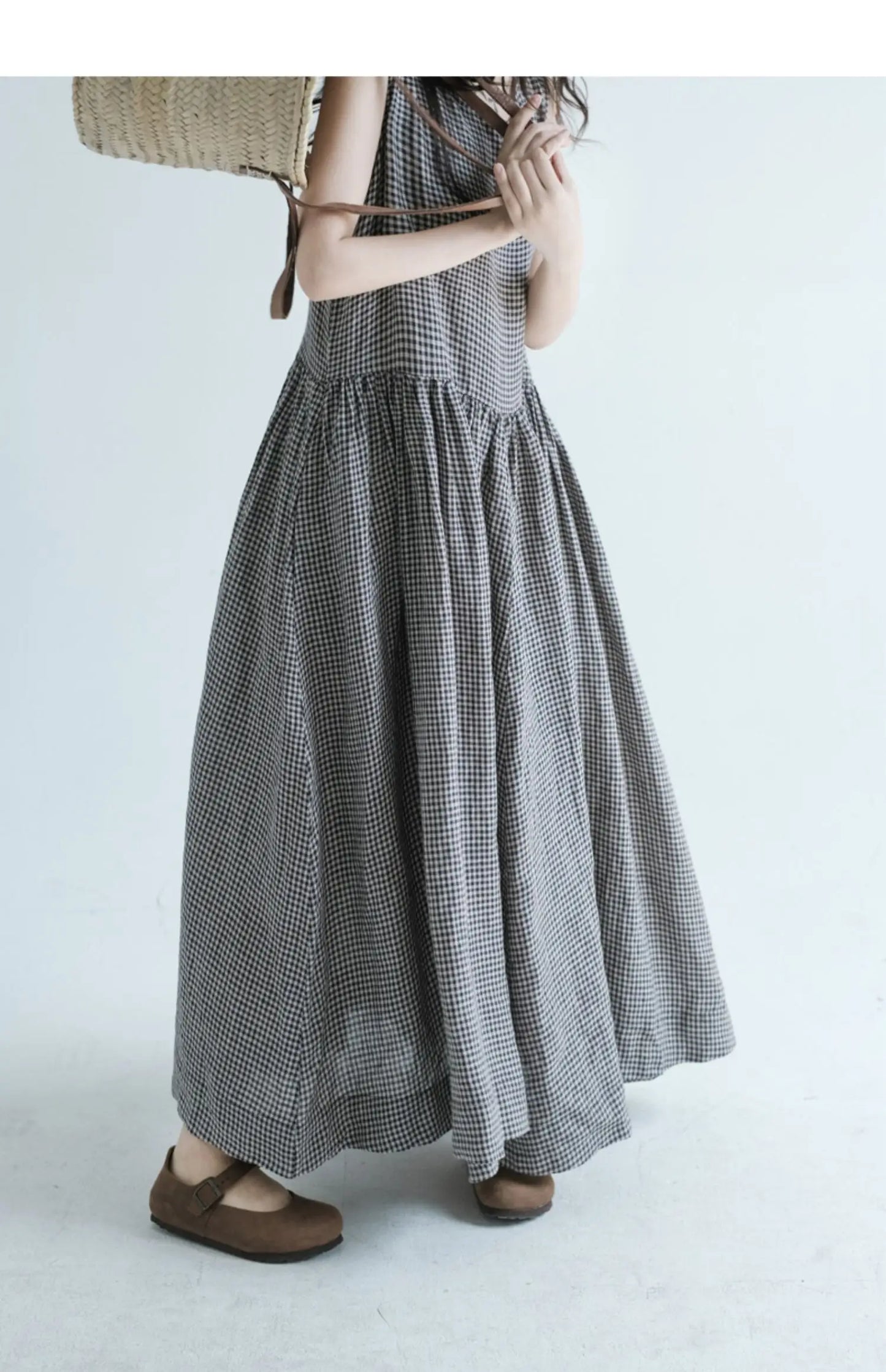 Summer New Women's Cotton Lin Loose Casual Dr High Waist A-Line Skirt Svel Vest Dr Cheered Pattern plus Size