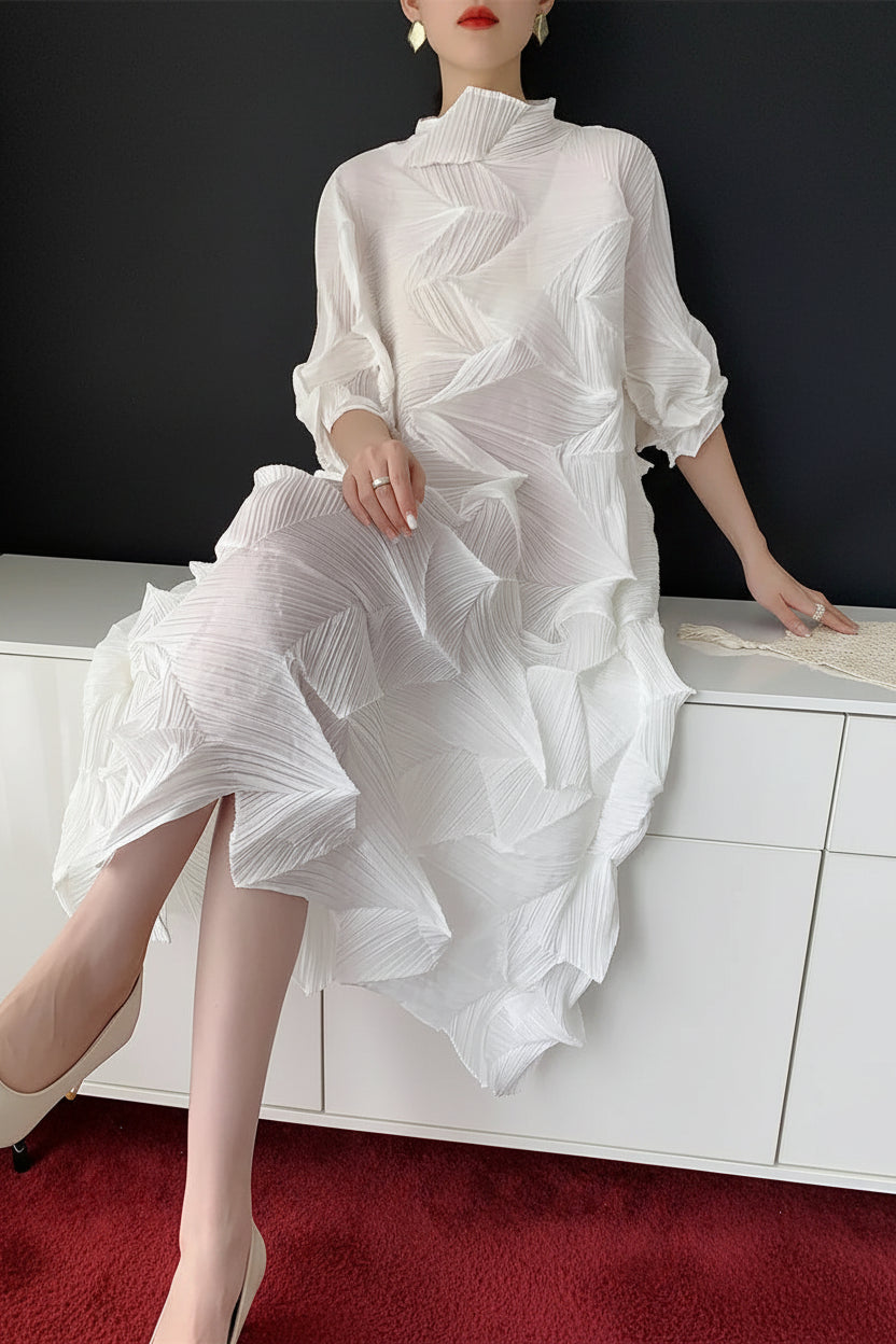 LANMREM Pleated Long Dress For Women Elastic Loose Irregular Pleated Stand Collar Pullover Female Clothing Half Sleeve 2DB4256