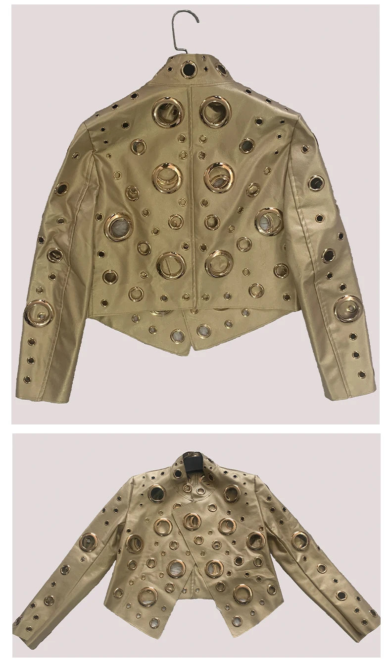 Mauroicardi Spring Short Hollow Out Patchwork Short Pu Leather Jacket Women Cool Luxury Designer European Style Clothes Fashion