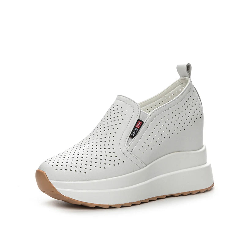 10cm Microfiber Platform Heel Wedge Shoe Sneakers Pumps White Platform Air Mesh Hollow Pumps Shoes Summer Women Zapatos de Mujer