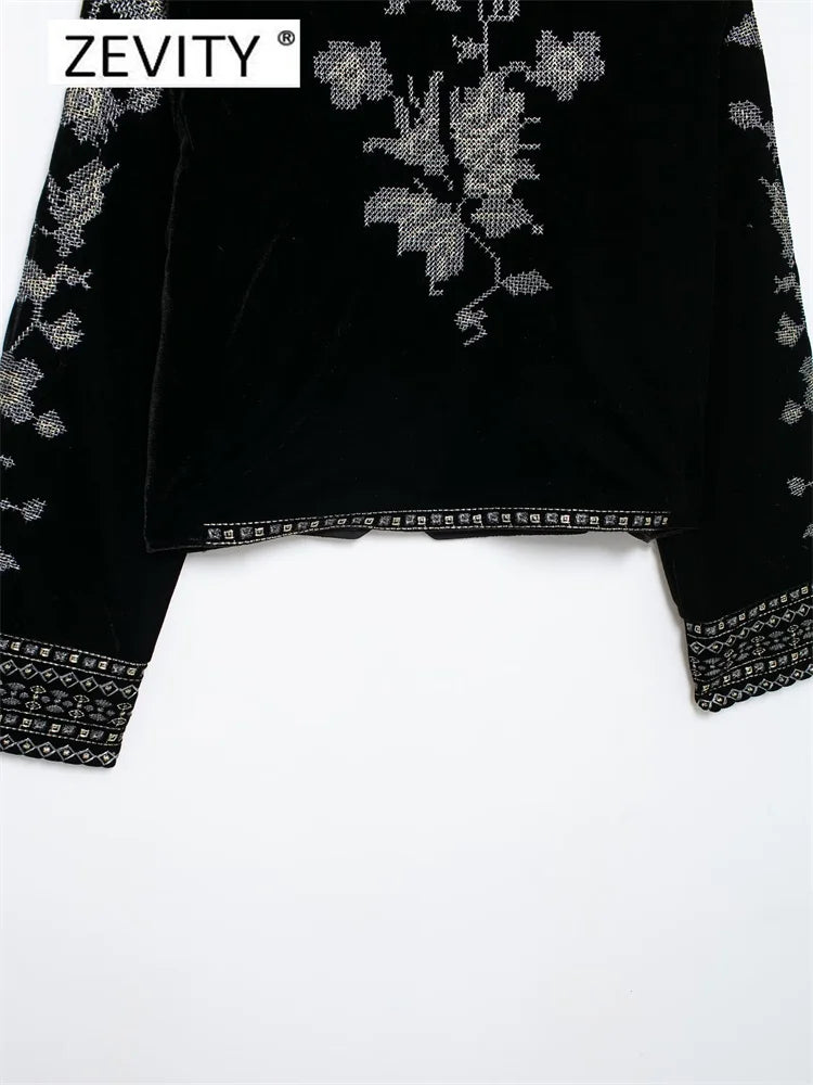 Elegant, Korean Zevity New Women Vintage O Neck Geometric Floral Embroidery Short Velvet Coat Office Lady Long Sleeve Outwear Jacket Tops CT7352