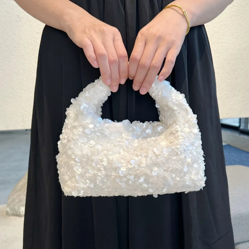 Luxury Pearlescent Sequin Elegant Clutch Purse,Niche French Designer Dumpling Cloud Hobo Evening Bag,Crescent Women Handbag