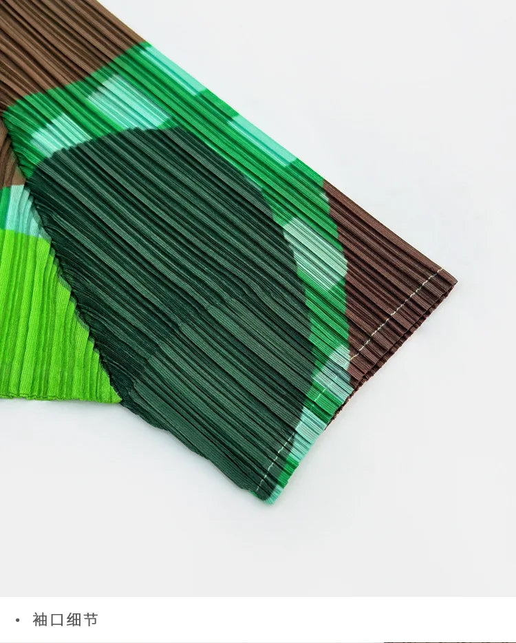 Miyake Elegant Green Plaid Color Block Print Pleated Top Mock Neck Half Sleeve Elastic Tee Daily Commute Office
