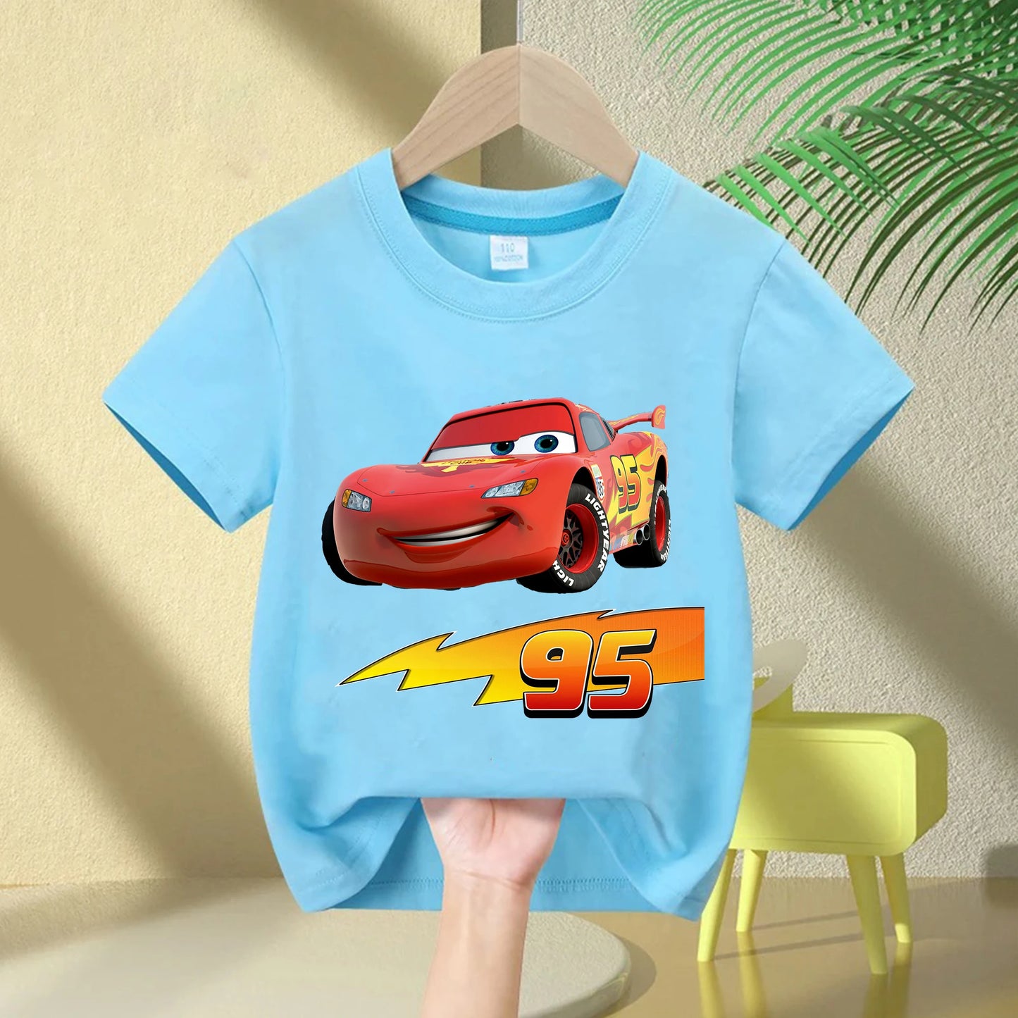 2025 Summer New Disney Cars Lightning McQueen around short-sleeved boys and girls summer 100% cotton all-match T-shirt clothes