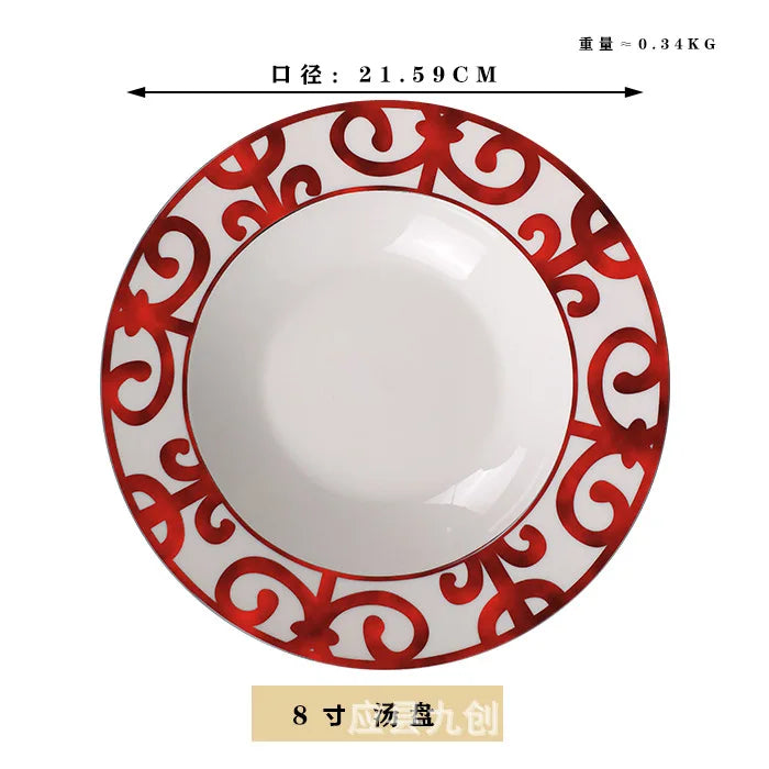 3 Color Ceramic Plate Hand-Painted Red Art Creative Round  Tableware Dinner Plates Set Charger Plates for Wedding Pasta Plate