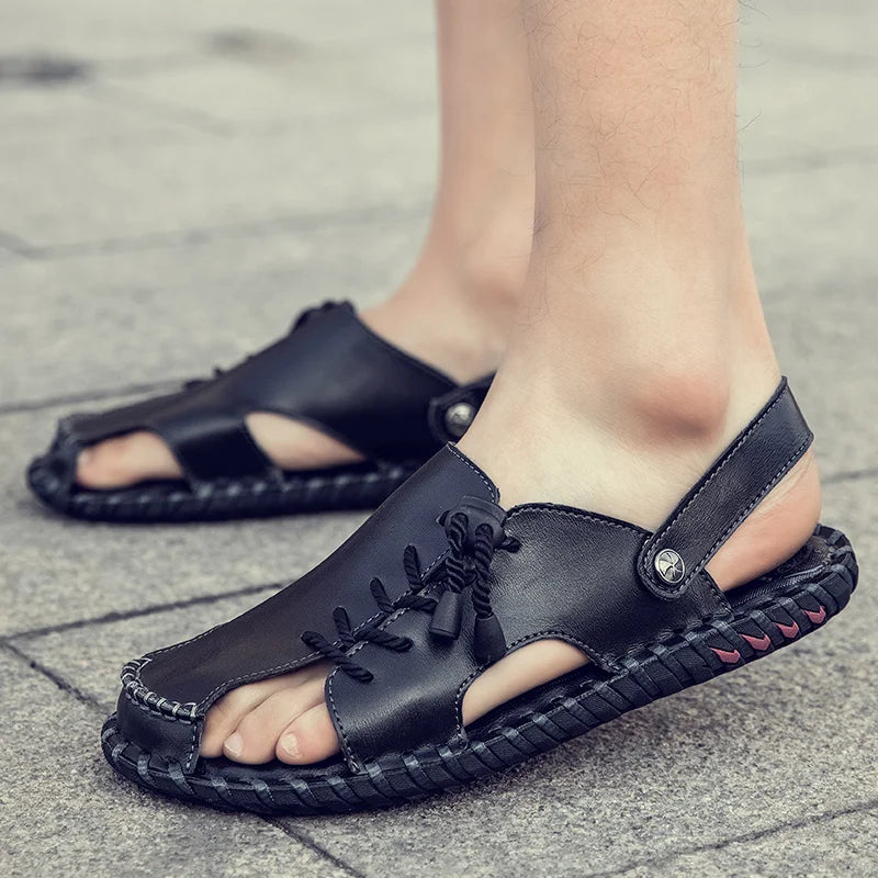 Fashion Mens Sandals Genuine Leather Summer Beach Slippers Male Non-Slip Soft Comfortable Outdoor Shoes High Quality Man Sandals