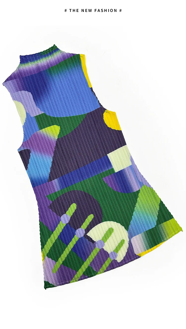 Miyake Pleated Geometric Playground Printed High-neck Sleeveless Top