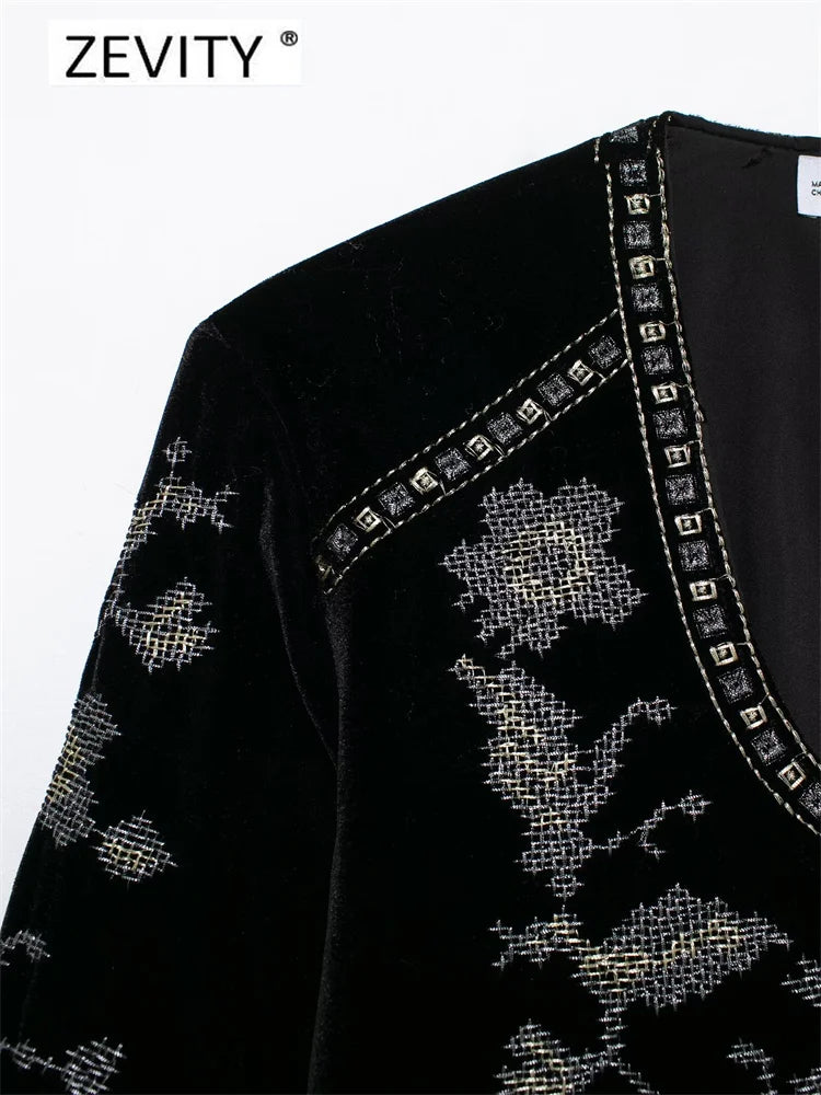 Elegant, Korean Zevity New Women Vintage O Neck Geometric Floral Embroidery Short Velvet Coat Office Lady Long Sleeve Outwear Jacket Tops CT7352