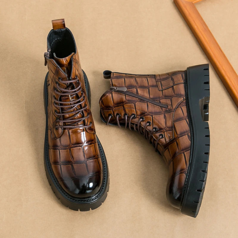 Luxury Brand Men's Autumn and Winter Crocodile Leather Side Zipper High Top Boots Fashionable New Men's Comfortable Short Boots
