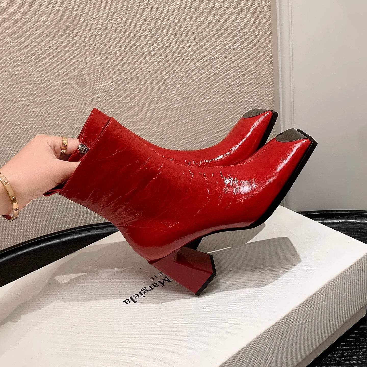 Fashion Genuine Leather women's Ankle Boots Square Metal Toe High Thick Heels Lady Party Dating Boots Women Autumn