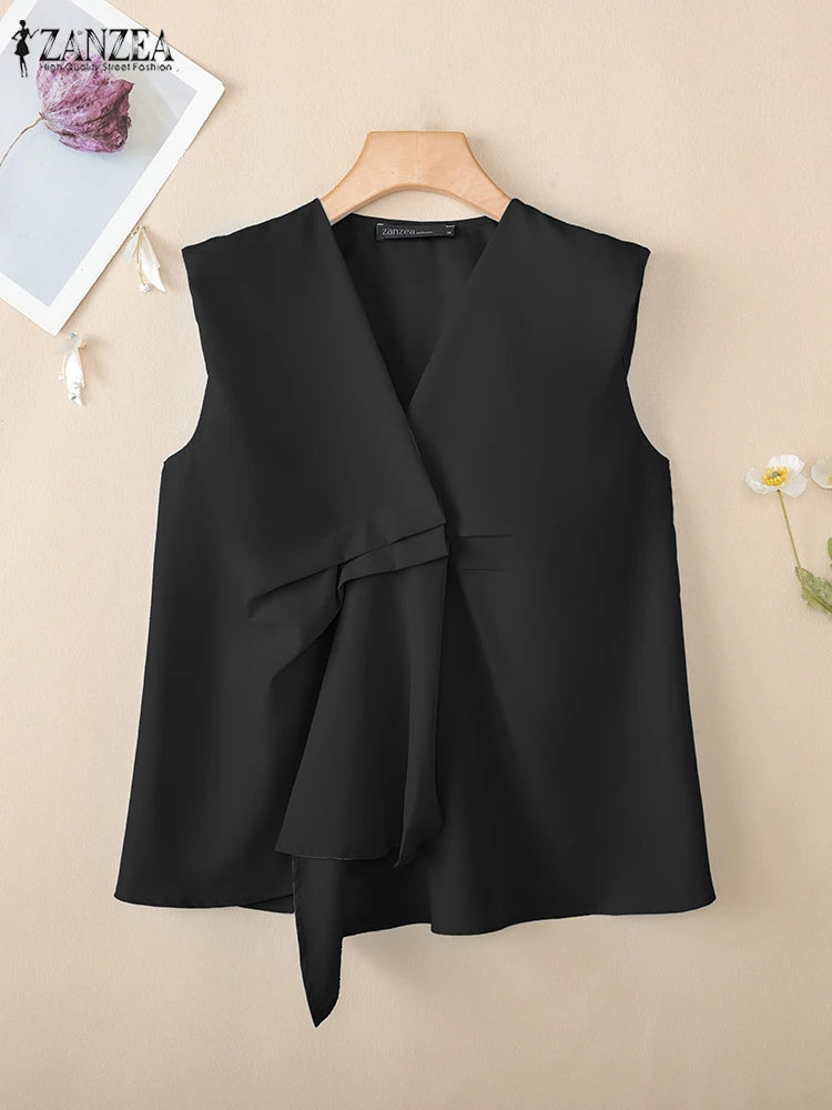 ZANZEA Trendy Pleated Design Women's Blue Tank Tops 2025 Summer Solid Color V-Neck Sleeveless Tops Streetwear 3 Colors S-3XL