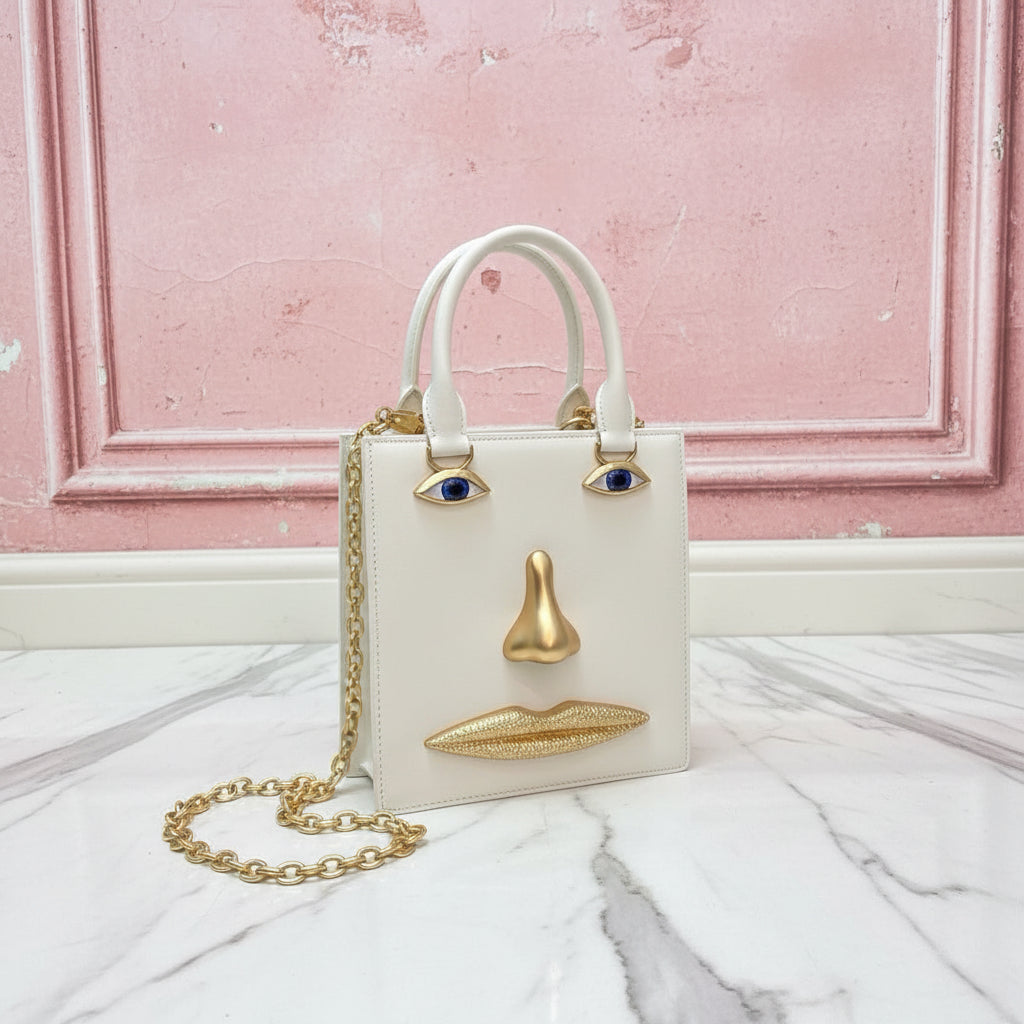 2026 Summer New Women's Surreal  Leather Handbag 3D Face Hand Grip Pattern Tote Bag Silver Patent Leather Square Versatile Shoulder Bag