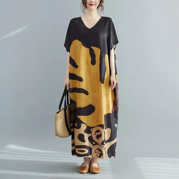 Faionable V-ne Printed Casual ort-sved Long Dr plus Size Women's New Sle  Ele Aosphere Korean Version