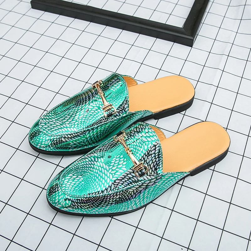 Fashion Brand Men's Cool Snake Skin Pattern Comfortable Half Back Leather Shoe Summer Men Breathable Bottom Casual Leather Shoes