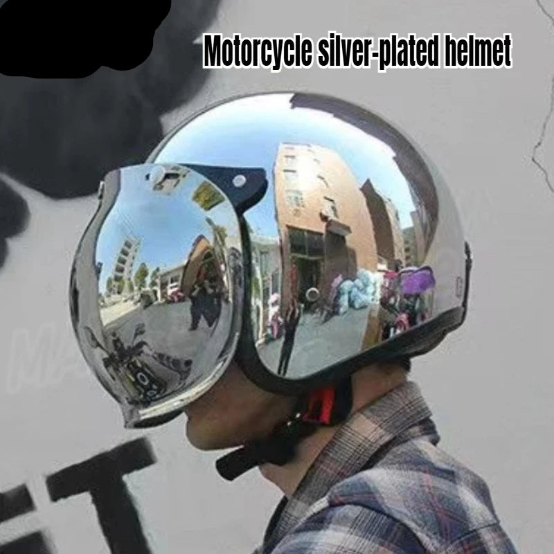 HOT Unique Silver Plating Open Face Retro Motorcycle Helmet Vintage Moto Chrome Helmet Sliver Jet Moto 3/4 Half Casco Casque