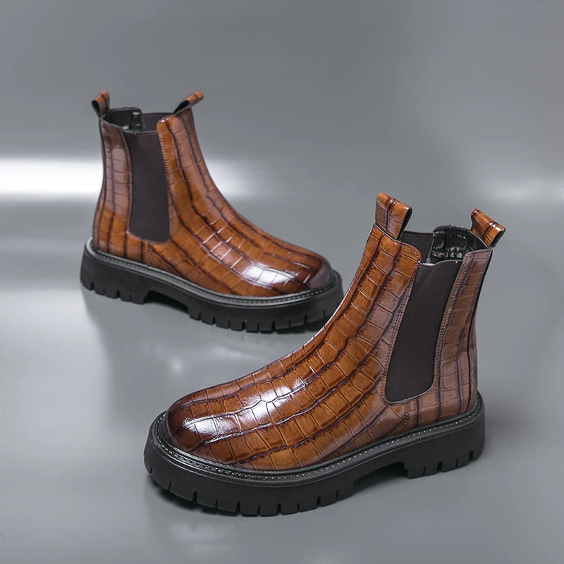 2025 Fashion Brand Men's Comfortable Fit Thick Soled Chimney Boots Autumn New High Top Chelsea Boots Plus Large Workwear Boots