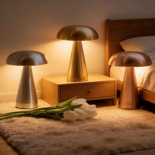 Transform any space with these innovative Mushroom Lamps Portable Metal Table Lamp with Touch Sensor 3 Color Stepless Dimming LED Desk Lamp For Bedroom Bar Decor Lighting