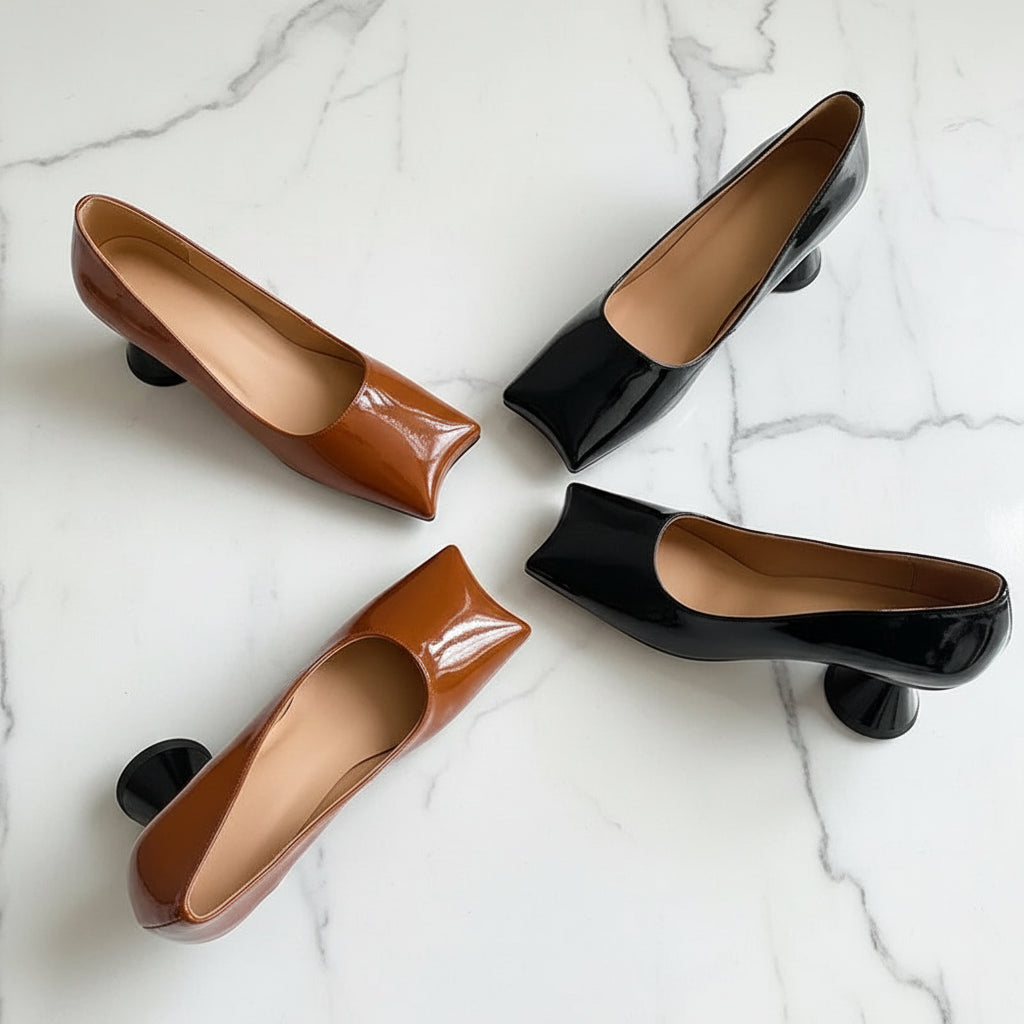 Stylish Patent Sheepskin Leather Pumps Women Shallow Med Strange Heels Party Dating Shoes Female Dress Pumps