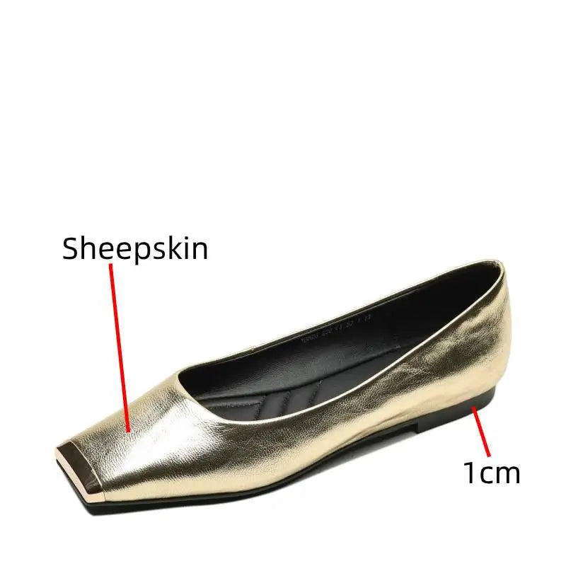 Fashion Genuine Leathe Pumps Women Metal Head Shallow Slip On Flats Office Ladies Low Heel Sheepskin Leather
