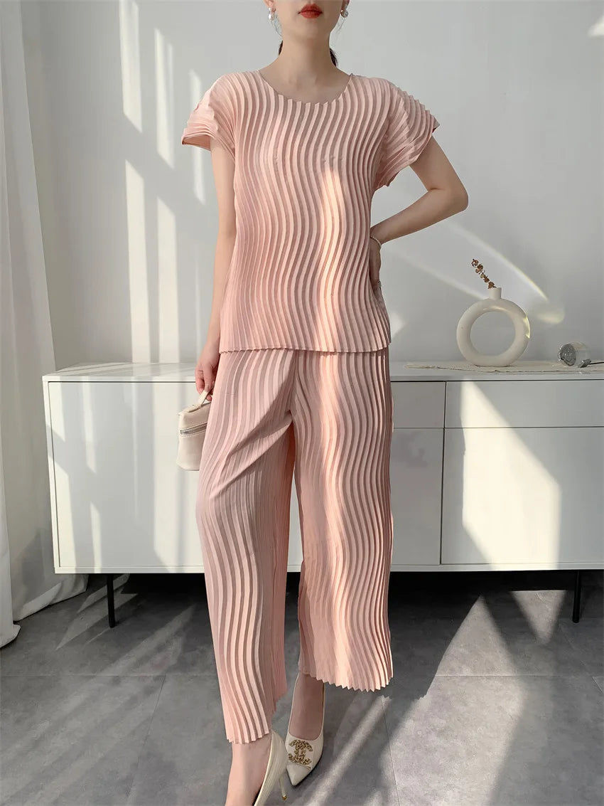Miyake Pleated Women's Casual Solid Color Round Neck Short-sleeved Loose Versatile T-shirt Tops Fashionable Pullover Shirt